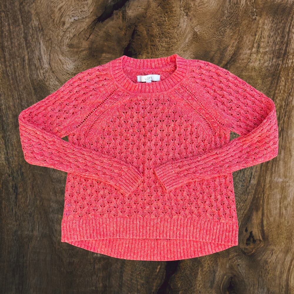 Coral pink open knit crew neck pullover sweater LOFT, preppy grandmacore